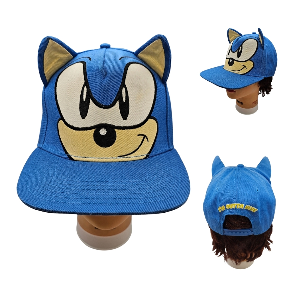 Vintage Sonic the Hedgehog Sega Blue Snapback Hat Face & Ear‎ Spikes Cap